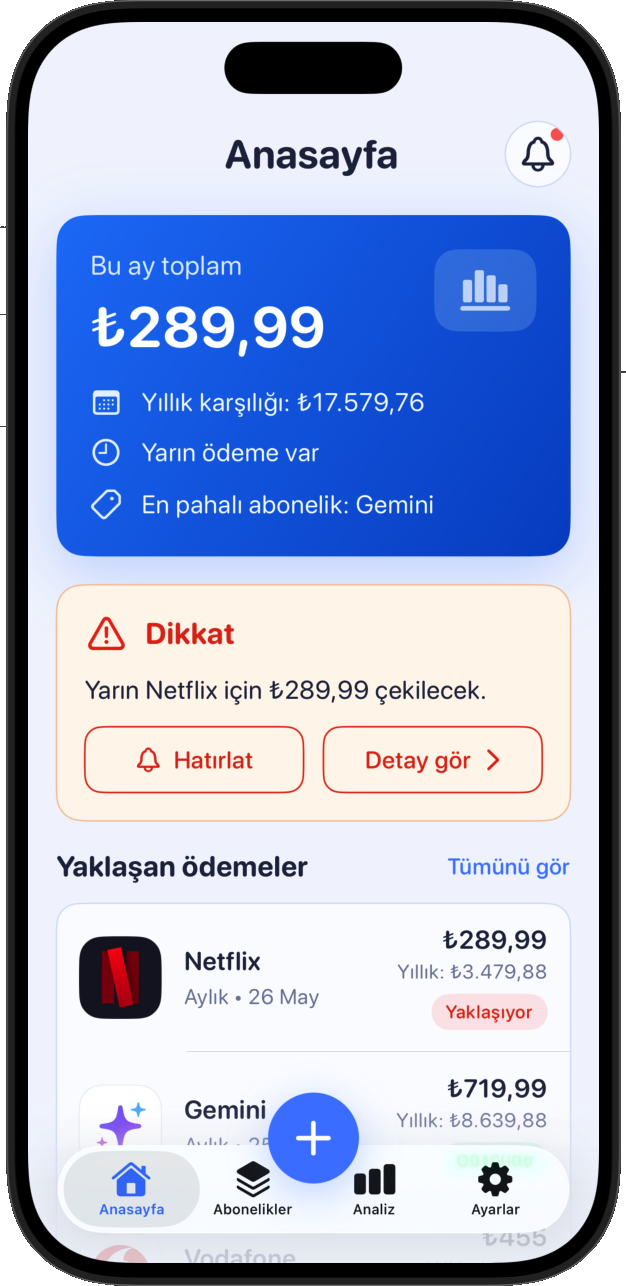 Subly iOS uygulamasının ana sayfa ekran görüntüsü